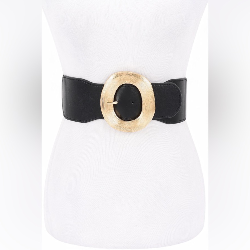 Black Vegan Leather & Brushed Gold Buckle Statement Belt